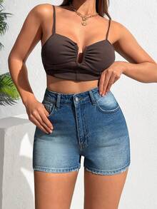 EURMUSE Women's High-Rise Casual Washed Raw Hem Denim Shorts With Pockets - Blue - View 1