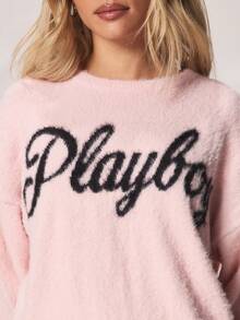 Missguided x Playboy Fluffy Knit Sweater With Script Logo Long Sleeve Crew Neck Cozy Winter Top - Pink - View 4