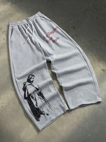 SWAVVY Celana Jogger Longgar Kasual Pria, Celana Longgar Abu-abu Bergambar Yesus dengan Cetakan Grafis di Bagian Depan, Celana Jogger Desain Santo Musim Semi/Musim Gugur, Ukuran Standar - Grey - View 3