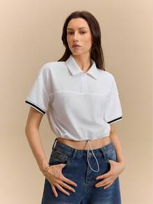 Hanevo Women's Fashion Drawstring Hem Zipper Lapel Short Sleeve Hoodie,Spring/Summer,Casual,Go Out - White - View 6