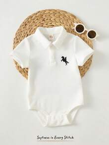 Cozy Pixies Baby Boy Cartoon Horse Pattern Soft Knit Polo Collar Romper - White - View 8