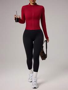 Core Rhythm 女士休闲简约拉链修身运动外套，秋冬款 - 酒紅色 - 查看 5