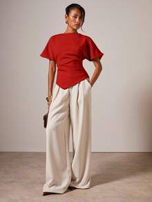 COSMINA 女士优雅褶皱圆领T恤，适合所有季节 - 紅色 - 查看 6