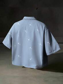 ROMWE MEN Men's Shiny Single-Breasted Casual Shirt, Short Sleeve - Baby Blue - View 2