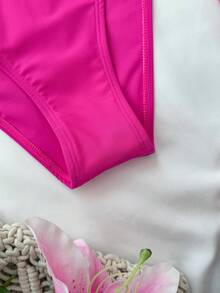 SHEIN 3件套少女纯色挂脖金属装饰比基尼上衣、下装和裙子泳装套装，夏季沙滩装，泳衣 - 玫紅色 - 查看 8