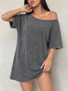 SHEIN EZwear 复古水洗宽松露肩T恤裙，西部音乐节风格，夏季 - 灰色 - 查看 5