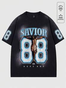ROMWE MEN Street Life Men's Jesus Print Washed Vintage Distressed Short Sleeve T-Shirt,  Spring/Summer - Black - View 1