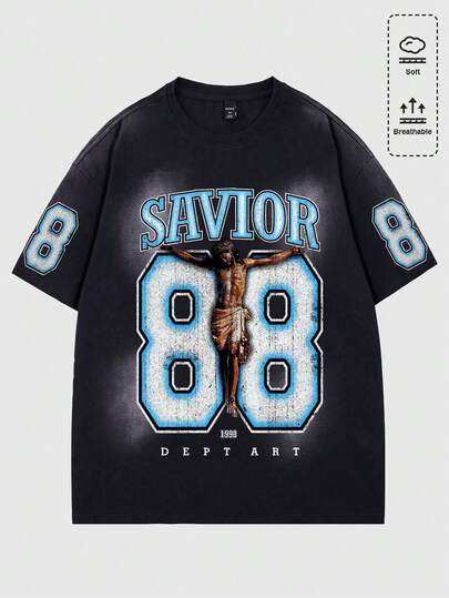 ROMWE MEN Street Life Men's Jesus Print Washed Vintage Distressed Short Sleeve T-Shirt,  Spring/Summer