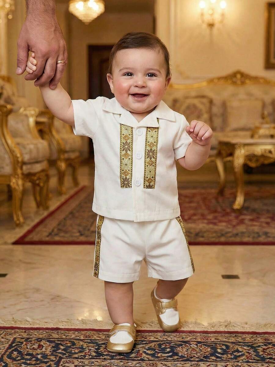SHEIN Newborn Baby Boy Short Sleeve Geometric Pattern Set,Gold Summer Wedding Guest Party Wear Baptism Outfits,Designer Church Clothes Casual Outfit - Multicolor - View 1