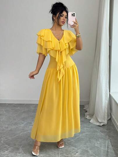 Rafferiza 女士优雅V领荷叶边雪纺收腰连衣裙，休闲度假装，黄色，春夏款
