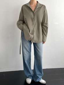 Dazy-Less Loose Business Casual Long Sleeve Shirt For Women, With Drawstring Waist Design, Suitable For Office, Commuting, Spring/Summer/Autumn - Dark Grey - View 2