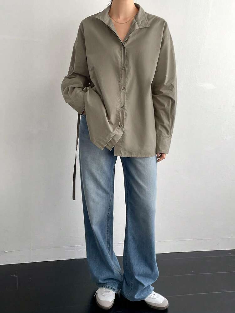 Loose Business Casual Long Sleeve Shirt For Women, With Drawstring Waist Design, Suitable For Office, Commuting, Spring/Summer/Autumn