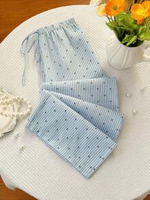 Elamini 女士低腰条纹樱桃印花休闲阔腿裤，学院风，可爱甜美，适合度假穿着 - 藍色 - 查看 7