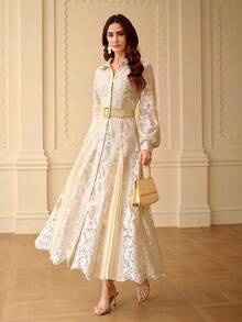 ZEYLAH Embroidered Elegant Romantic Extra Long A-Line Dress, Spring/Summer - Apricot - View 1