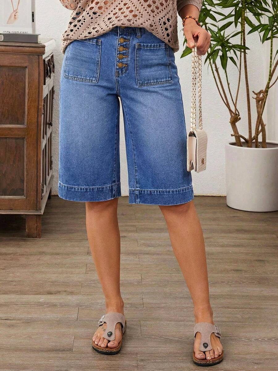 EMERY ROSE 女士休闲日常口袋纽扣牛仔短裤 - 藍色 - 查看 1