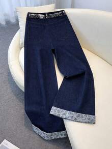 Selenza 女士休闲修身直筒牛仔裤，蕾丝腰带 - 深色水洗藍 - 查看 2