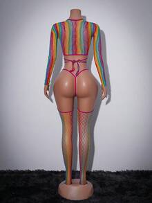 4pcs/Set Women's Sexy Hollow Out Lace-Up Mesh Lingerie Set - Multicolor - View 8