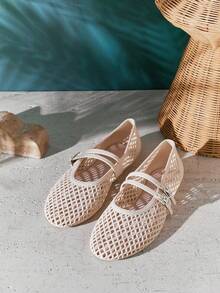 SHUZIA Women's Comfortable Rubber Fish Net Round Toe Ballet Flats - Beige - View 5