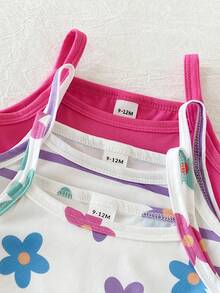 SHEIN 3件套女婴夏季休闲纯色罗纹连体衣，蝴蝶印花，3D蝴蝶结装饰，无袖 - 彩色 - 查看 3