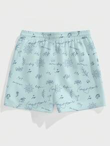 Manfinity RSRT 男士沙滩短裤，极简时尚素描印花度假风沙滩短裤，网眼内衬 - 彩色 - 查看 3