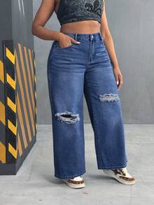 SHEIN CURVE+ Plus Size Women Loose Straight Leg Jeans, Distressed Washed Denim Cargo Pants - Dark Wash - View 5