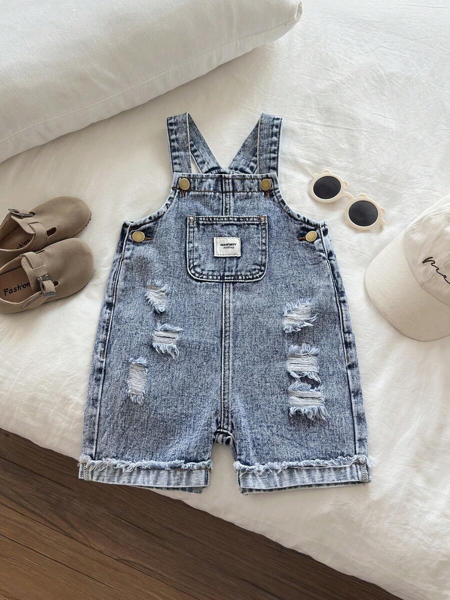 男童水洗蓝色休闲宽松牛仔背带裤，带口袋，易于穿脱，百搭时尚，适合日常穿着 - 中等水洗藍 - 查看 1