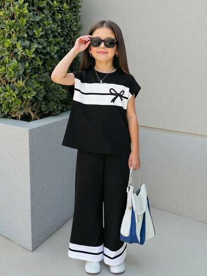 SHEIN Set de 2 piezas para niñas preadolescentes: Camiseta de punto y pantalones con empalme de color contrastante, conjunto casual diario de moda, suelto y cómodo