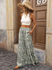 Brillora 女士时尚休闲优雅浪漫度假弹力腰带柔软印花长裤，春季女装，沙滩女装，休闲女装波西米亚风阔腿裤，波西米亚风长裤，波西米亚风阔腿夏季长裤，女士长裙，女士波西米亚风长裙，女士印花长裙 - 彩色 - 查看 6