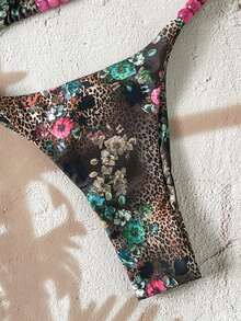 Swim Mod Women's Leopard Print Random Beaded Necklace Bikini Set, Spring/Summer - Multicolor - View 6