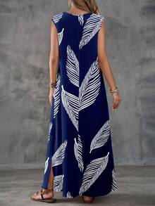 SHEIN LUNE Đầm nữ cổ chữ V không tay in họa tiết cây nhiệt đới - Màu xanh lam - Xem 2