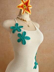 Elamini Women's White Sweater Dress, Sexy Beach Vacation Style With Blue Floral Long Dress, Summer - White - View 5