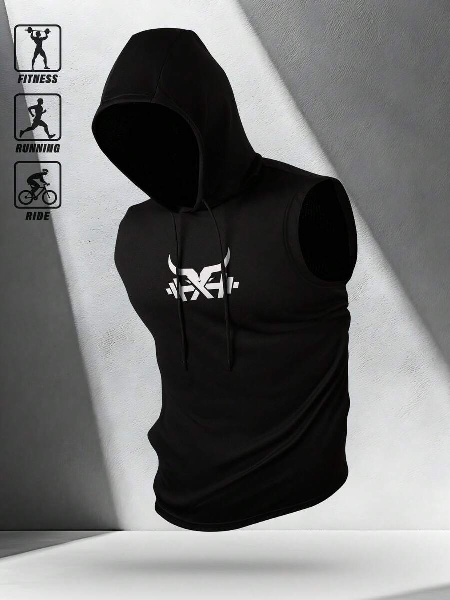 Manfinity Sport Polished 150g Men's Graphic Print Black Hooded Tank Top - Black - View 1