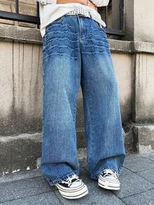 Manfinity EMRG 男士休闲日常水洗斜插口袋宽松牛仔裤 - 中等水洗藍 - 查看 6