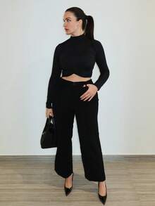 MDEdit High Waist Black Comfy Straight Leg Pants - Black - View 6