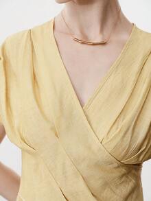 Aalyst Women's Spring/Summer Casual Blouse, Elegant V-Neck Crossover Pleated Design, Slim Fit Short Sleeve Shirt, Yellow - Yellow - View 3