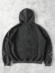 ROMWE MEN Men's Casual Fashionable Street Hooded Sweatshirt With Cross, Star, Letter, Flame Print, Zip-Up, Suitable For Daily Commute, Spring/Autumn - Black - View 2