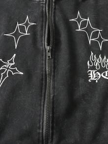ROMWE MEN Men's Casual Fashionable Street Hooded Sweatshirt With Cross, Star, Letter, Flame Print, Zip-Up, Suitable For Daily Commute, Spring/Autumn - Black - View 5