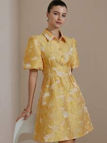 Aveloria Rosie Elegant Sweet Puff Sleeve Jacquard Cutout Waist Pleated Mini Dress - Yellow - View 4