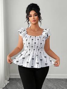 Elenzga Plus Size Women's Semiria Style Butterfly Print Layered Ruffle Backless Blouse,  Day - Multicolor - View 6