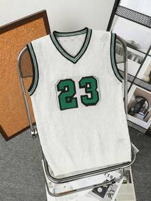 Manfinity Homme 男士休闲百搭数字条纹V领针织背心 - 白色 - 查看 4