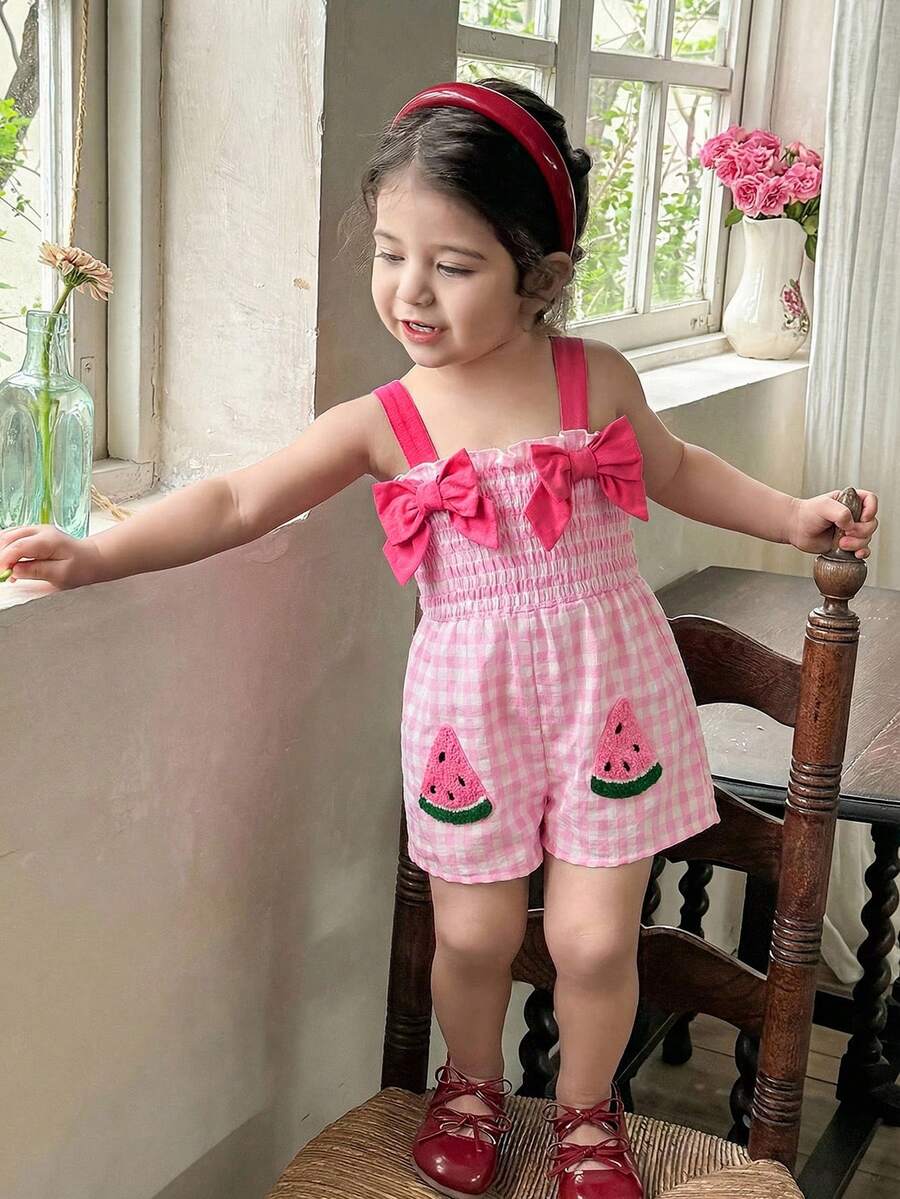 SHEIN LMoss Kids 女宝宝可爱夏季休闲西瓜图案粉色格子连体衣 - 粉色 - 查看 1