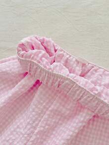 SHEIN Vintaside Kids 2件套女童无袖条纹编织背心，蝴蝶结装饰，松紧腰宽松休闲短裤，夏季 - 粉色 - 查看 2