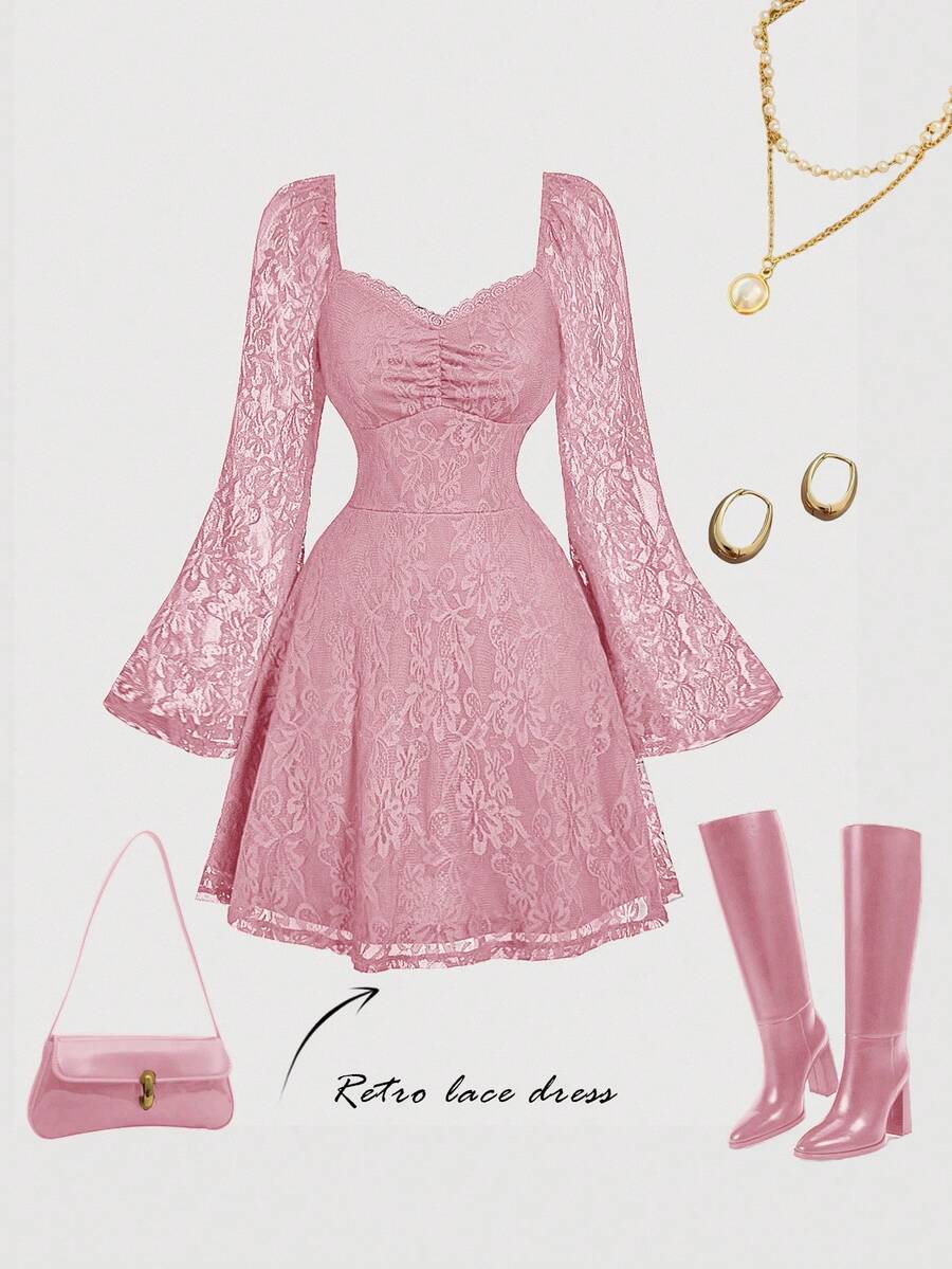 SHEIN MOD Women's Sweetheart Neck Ruched Bust Flare Sleeve Lace Dress ,Summer Dress,Spring Dresses For Women - Pink - View 1