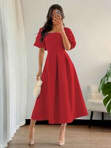 Elenzga Women's Red Summer Elegant Party Dress,Minimalist Solid Color Crew Neck Ruffle Hem A-Line Puff Short Sleeve Dress,Suitable For Office,Commute,Casual - Red - View 3