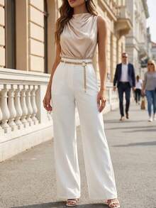 Editum 女士褶皱无袖吊带背心，优雅缎面面料，适合日常穿着、通勤、春夏及办公场合。 - 杏色 - 查看 9