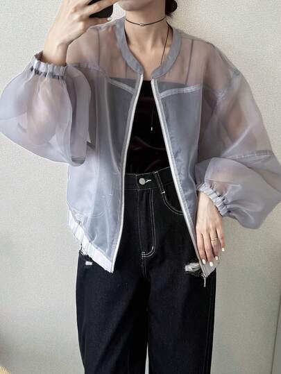 FRIFUL Chaqueta casual holgada con cuello redondo y mangas transparentes con diseño de pétalos para mujer