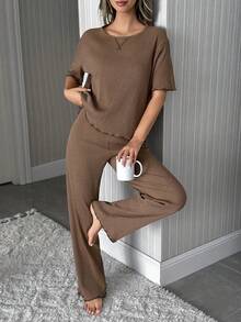 EURMUSE Tall 高个女款纯棉两件套罗纹针织圆领短袖衬衫和长裤家居服舒适休闲套装 - 棕色 - 查看 6