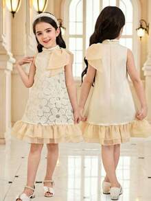 SHEIN Young Girl Elegant Big Bowknot Decor Ruffle Hem Sleeveless A-Line Lace Dress, Gorgeous Princess, - Champagne - View 7