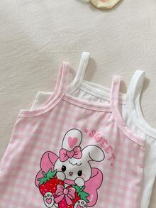 SHEIN Babygirl 4pcs Summer Pink White Cute Night Set,Halter Top & Shorts,Cartoon Rabbit Print Checkered Knitted Fabric,Loose Fit Sweet Style For Picnic - Multicolor - View 6