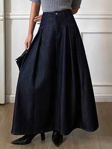 Livesso 复古水洗原色宽松商务休闲优雅高腰A字牛仔裙，适合春秋季穿着 - 深色水洗藍 - 查看 2